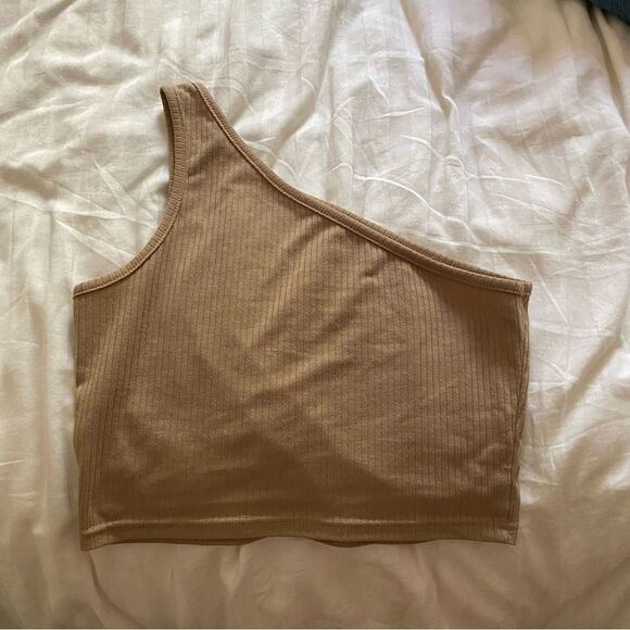 Ribbed Tan One Shoulder Tank Top - Picture 3 of 4